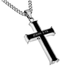 Mens Black Cross Necklace with Bible verse on front and back is a bold way to make a faith statement with style. Men's Christian necklaces are a great gift for Father's day, birthdays or Christmas. Crafted with surgical grade stainless steel, this Men's Cross Necklace can be worn daily and makes a great family heirloom and a classic way to share your faith. Front and back side Scripture is electroplated into the cross. Scripture Options: Alpha Omega – Revelation 22:12,13 Crucified for Christ - G Black Stainless Steel Jewelry For Memorial, Personalized Black Cross Pendant Necklace, Black Stainless Steel Necklace For Memorial, Black Engraved Cross Necklace Gift, Engraved Black Cross Necklace For Gift, Engraved Black Cross Necklace As Gift, Gift Black Engraved Cross Necklace, Wwjd Bracelet, Black Cross Necklace