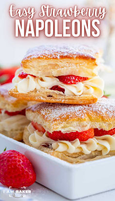 three strawberry shortcakes stacked on top of each other with strawberries in the background