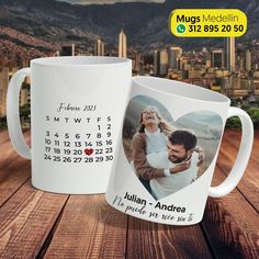 two personalized coffee mugs with the same photo and date printed on each one