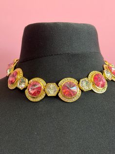 High end Vintage Swarovski Crystal gold tone pink and clear gexagonal and rivoli set rhinestone wide statement choker necklace old shop stock length 40cm x 3cm various designs available so please look at my other items .. I combine postage and ship worldwide daily with tracked shipping. Party Jewelry With Bling, Costume Jewelry Choker For Party, Glamorous Jeweled Jewelry, Gold Crystal Jeweled Choker, Gold Crystal Jewel Choker, Costume Jewelry With Sparkling Stones, Glamorous Round Jeweled Jewelry, Party Jeweled Choker Jewelry, Gold Crystal Choker With Jewels