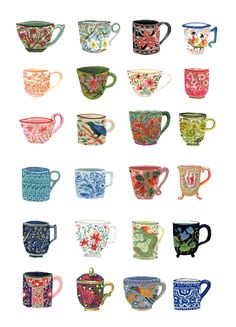 many different colored coffee mugs are arranged in a grid pattern on a white background