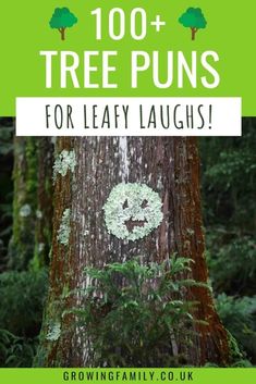 a tree with the words, 100 + tree puns for leafy laughs