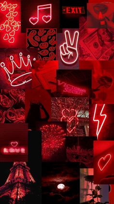 the collage shows different types of neon signs and symbols in red, pink, black and white