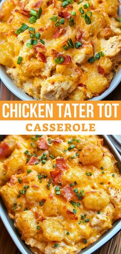 chicken tater tot casserole is shown in two separate pans, one with