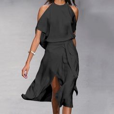 Solid Color Cold Shoulder Spring Dress, Spring Solid Color Cold Shoulder Dress, Black Cold Shoulder Summer Dress, One Shoulder Solid Color Summer Midi Dress, Summer One-shoulder Solid Color Midi Dress, Summer Solid Color One-shoulder Midi Dress, Solid Off-shoulder Summer Dresses, Solid Color Off-shoulder Summer Dress, Solid Color Knee-length Mini Dress For Summer