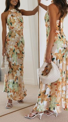 Toperth Floral Halter Open Back Maxi Dress – Toperth Formal Wedding Attire, Vibrant Dress, Open Back Maxi Dress, Floral Wedding Dress, Good Posture, Tropical Style, Dresses To Wear To A Wedding, Wedding Attire, Floral Maxi