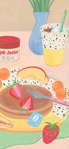 a painting of pancakes with strawberries and oranges on a plate next to a cup of yogurt