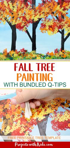 fall tree painting with colored leaves and text overlay that says fall tree painting with bundled q tips