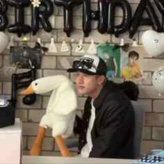 a man sitting at a desk with a stuffed duck in front of him and balloons behind him