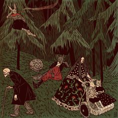 an image of people in the woods with halloween decorations