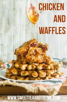 a stack of waffles with syrup being drizzled over them on a plate