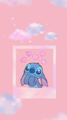 an image of stitchy in the sky with hearts above her head and clouds behind it