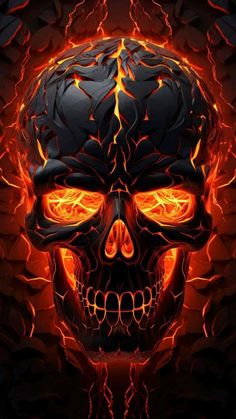 a skull with glowing eyes and flames in the background