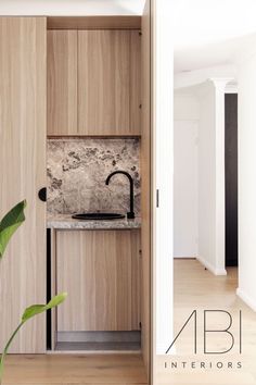 an open door leading to a kitchen with marble counter tops and wooden cabinets, along with a plant in the corner