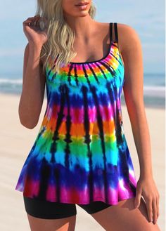 Size:XS;Size:S;Size:M;Color:Rainbow Color;Support:Wire Free;Pad Style:Removable;Strap Style:Adjustable;Composition:82% Polyester, 18% Spandex;Washing Instructions:Hand Wash;Color Scheme:Multi Color;Package Contents:1 X Tankini Top , Without Bottom;Season:Summer;Pattern Type:Tie Dye;Bra Style:Padded;Style:Vacation; Black Tankini Top, Tankini With Shorts, Retro Swimwear, Casual Beach Wear, Plus Size Tankini, Women Tie, Printed Tankini, Print Swimwear, Tankini Set