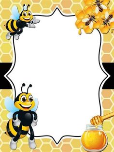 a frame with two bees and honeycombs on the bottom, one is holding a honey