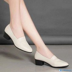 Orcajump - Comfortable Slip-on Chunky Heel Casual Work Shoes with Soft Soles White Court Shoes With Medium Width And Round Toe, White Court Shoes With Round Toe And Medium Width, Slip-on Round Toe Heels For Office, Slip-on Heels With Round Toe For Office, Casual Block Heels With Reinforced Heel And Round Toe, Office Heels With Round Toe And Slip-on Fit, Office Heels With Slip-on Fit And Round Toe, White Slip-on Heels With Round Toe, White Court Shoes With Reinforced Heel And Round Toe