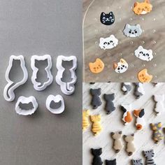 several cookie cutters are shown next to each other on a table and in front of an assortment of cats