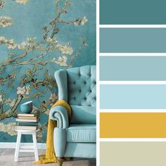 a living room with blue and yellow colors on the walls, an upholstered chair and