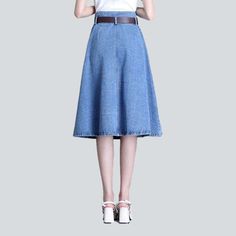 Make a statement this season with our 2023 Spring-Summer Collection Flap Pocket Bell-shaped Denim Skirt! Light wash. high-waisted with a fit and flare silhouette. this edgy trend piece brings grunge elegance to your wardrobe. Distinctive Features: Light Wash: Crafted for a conventional denim look. this skirt has a light wash that exudes a timelessly cool attitude. High-Waisted: Designed to hug your silhouette and ensure maximum comfort. this high-waisted skirt is a chic choice. Fit & Flare: Show Denim Skirts Online, Flared Denim Skirt, Cool Attitude, Flared Denim, Denim Skirt Women, Denim Flares, Light Blue Color, Light Wash Denim, Flap Pocket