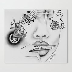 a drawing of a woman's face with music notes and stars on her forehead