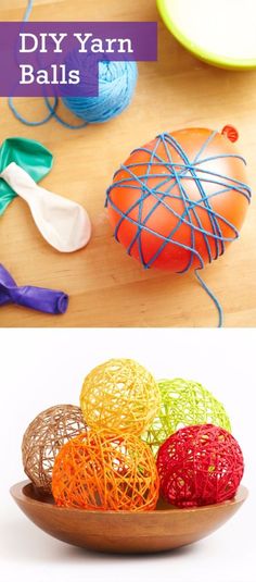 yarn balls are sitting in a bowl on the table and next to it is an egg