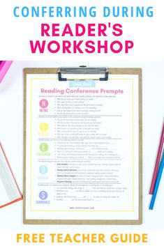 a clipboard with the text reading conference guide on it next to pencils and markers