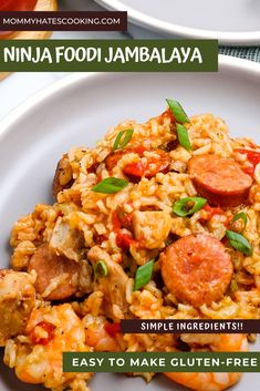 a white plate topped with rice and sausage