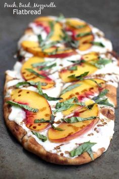 fresh peaches, basil, and mozzarella are on top of the flatbread