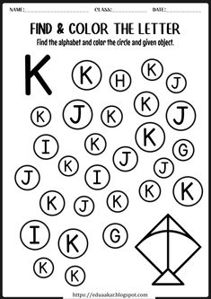 the letter k worksheet is shown in black and white