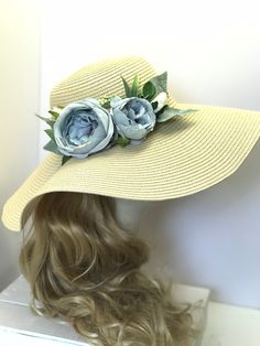 "This unique straw hat would perfectly accompany any wedding outfit /festival get up or beach wear alike.The outer diameter of the brim is 47cm (18.5\")The size of the hat will fit 55 cm (21.5\")The hat can be adjusted smaller but not larger." Light Blue Roses, Outfit Festival, Elegant Hats, Wedding Hats, Wide Brimmed Hats, Brim Hat, Beach Wears, Blue Rose, Beach Wear