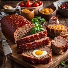 slices of meatloaf on a cutting board with bread, tomatoes and sauces