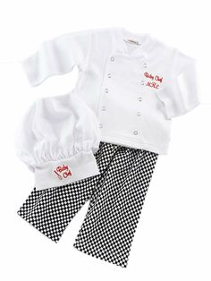 Tasteful, three-piece baby chef layette set includes white chef’s hat, white chef’s coat with secure snap closure and black-and-white checkered pants. A whisk is embroidered on the chef hat and the words “Baby Chef” are embroidered on the coat. Soft and comfortable, made of 100% pure cotton 6-12 Months, 12-18 Months, 18-24 Months Machine washable cold with gentle cycle Baby Chef, Chef Costume, Chef Shirts, Chef Coat, Layette Set, Newborn Boy, Unisex Baby, Baby Month By Month