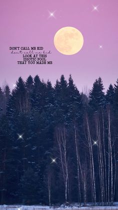 the moon is shining brightly in the sky above some trees and snow covered ground with words written on it