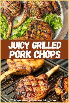 juicy grilled pork chops on the grill with lettuce