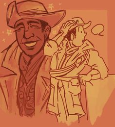 a drawing of a man wearing a cowboy hat and holding a young boy in his arms