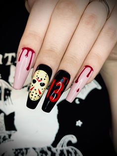 Jason Acrylic Nails, Knife Nails Design, Horror Press On Nails, Jason Voorhees Nail Art, Friday The 13th Nails Acrylic, Friday 13 Nails, Friday 13th Nails, Friday The 13 Nails, It Inspired Nails