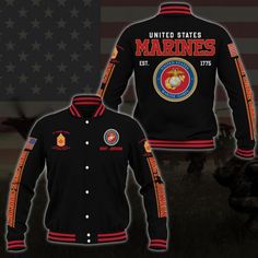 an image of a jacket with the marine seal on it and american flag in the background