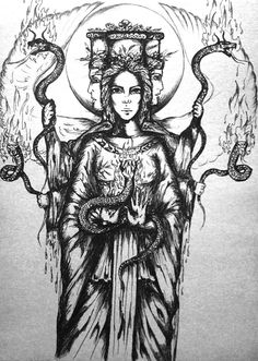 a drawing of a woman holding two snakes in her hands and an angel above her head