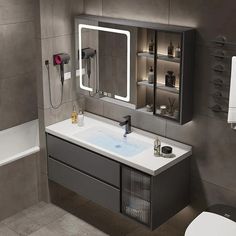 a bathroom with a sink, mirror and bathtub is shown in this image from the front view