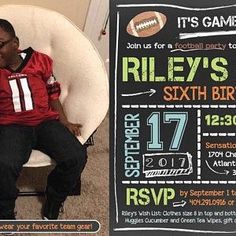 a football player is sitting in a chair next to a chalkboard with the name riley's 6th birthday on it