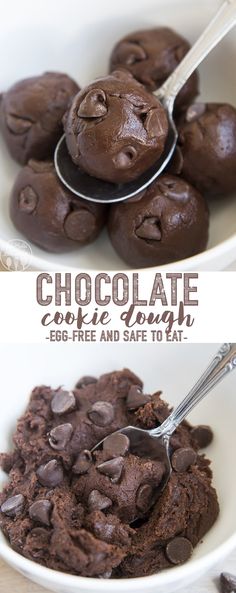 chocolate cookie dough in a white bowl with spoon and text overlay reading chocolate cookie dough egg free and safe to eat