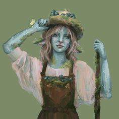 a painting of a woman with blue paint on her face and hands holding a stick