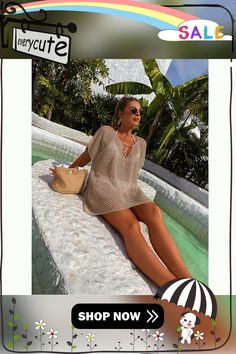 Khaki V Neck Hollow Out Loose Beachwear Beachwear Swimwear, Swimwear Beach, Beach Dresses, Shop Now, V Neck, Orange, Dresses