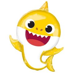 a balloon shaped like a shark with its mouth open and teeth out, on a white background