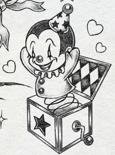 a drawing of mickey mouse on top of a box with hearts and stars around it