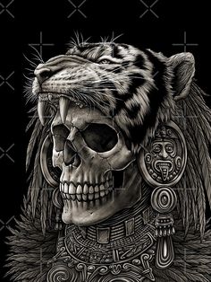 a drawing of a tiger with a skull on it's head