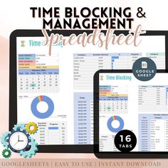 the time blocking and management spreadsheet is displayed in front of two computer screens