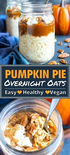 pumpkin overnight oats Easy Meal Prep Breakfast, Pumpkin Pie Overnight Oats, Easy Oatmeal Recipes, Pumpkin Overnight Oats, Vegan Overnight Oats, Prep Breakfast, Easy Oatmeal