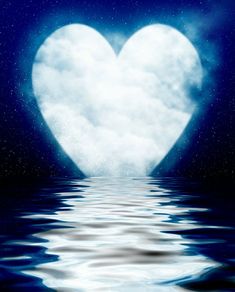 a heart shaped cloud floating on top of water in front of a blue sky with stars